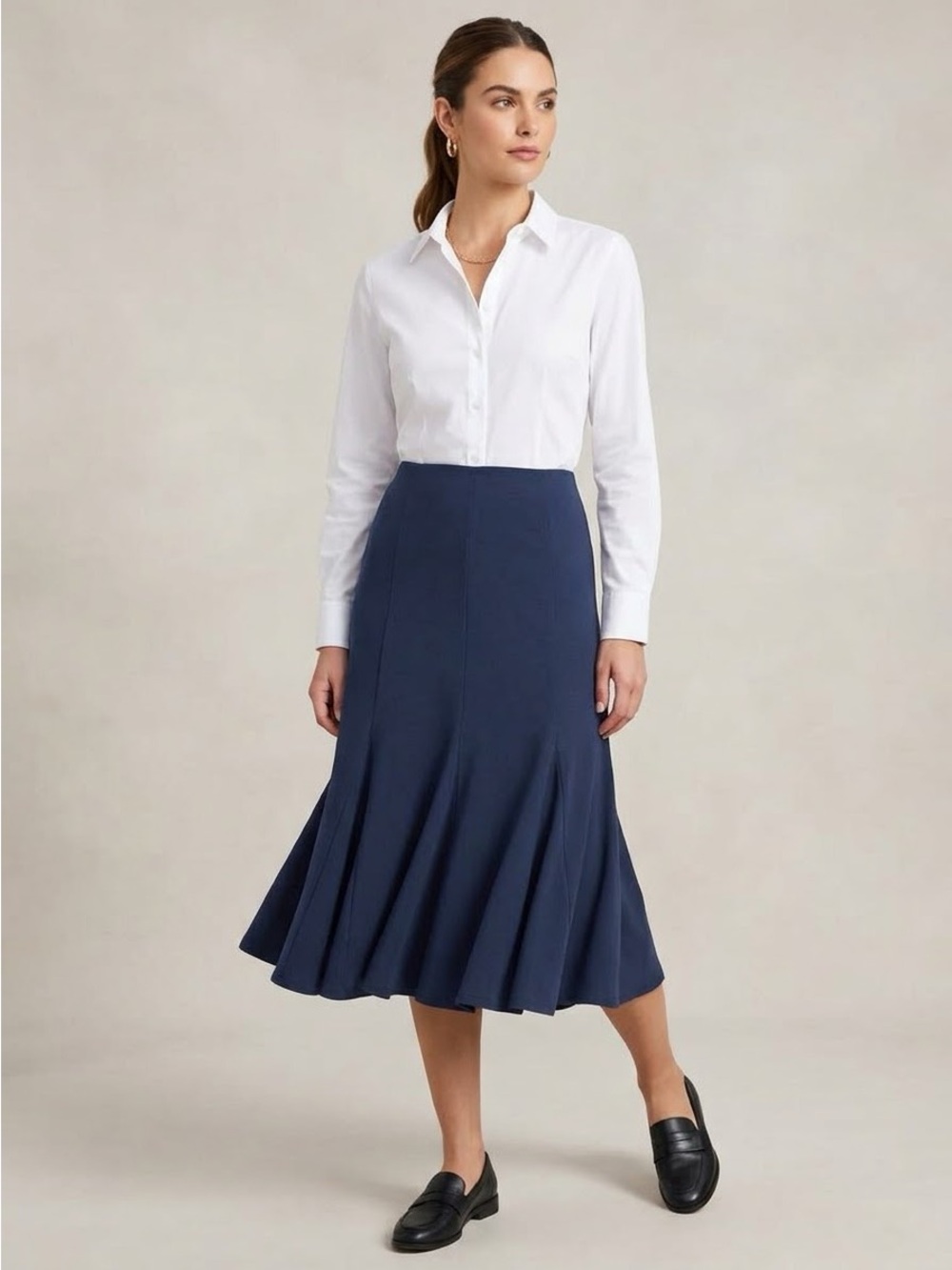 Joseph Ribkoff Navy Blue Flared Gored Midi Skirt Size 14